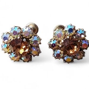Vintage Amber AB Rhinestone Floral Screw Back Earrings